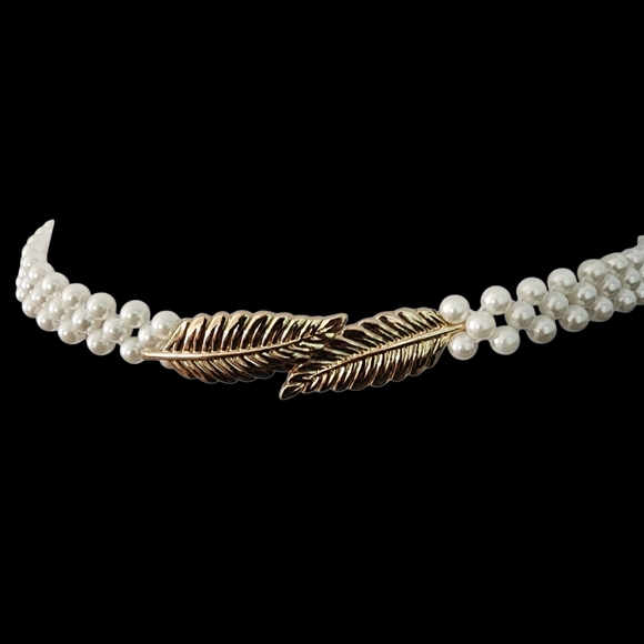 Vintage Accessories - Y2K pearl belt gold leaf buckle white pearl beads vintage elastic expandable